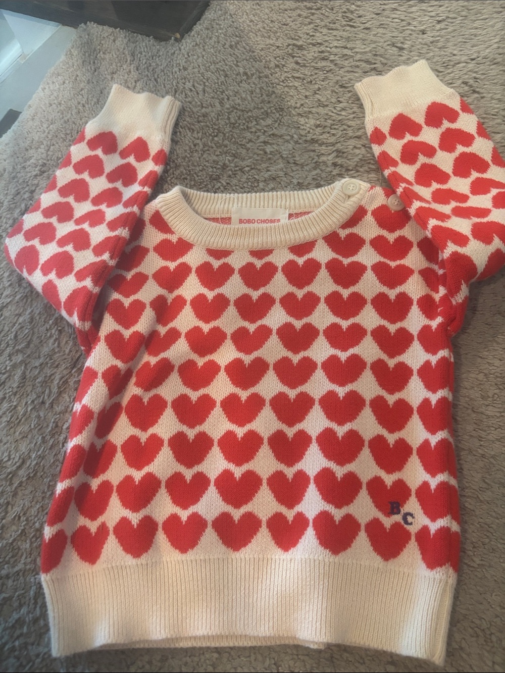 Bobo Choses Cream Sweater with Red Heart Jacquard